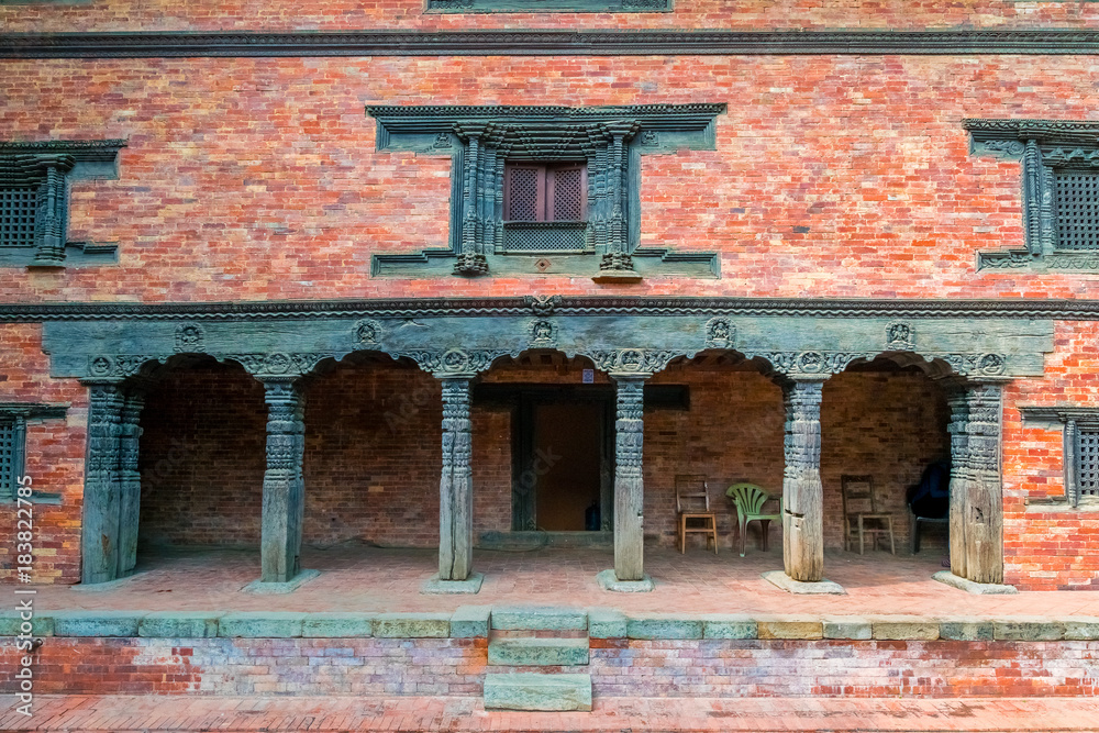traditional building of old architecture nepalese with wooden columns in kathmandu. nepal
