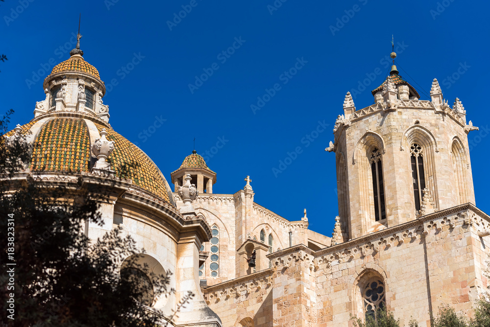 Tarragona Cathedral (Catholic cathedral) on a sunny day, Catalunya, Spain. Copy space for text.