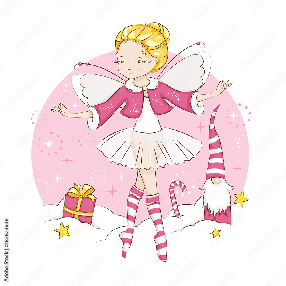 Beautiful little fairy. She's blonde. Princess dancing in a ballerina costume. She is wearing socks with a Christmas pattern and a red cloak trimmed with fur. Vector on white background. Beautiful little fairy. She's blonde. Princess dancing in a ballerina costume. She is wearing socks with a Christmas pattern and a red cloak trimmed with fur. Vector on white background.
