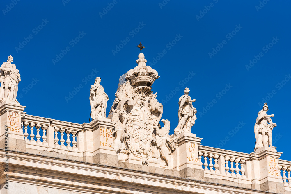 The facade of the Royal Palace building, Madrid, Spain. Copy space for text.
