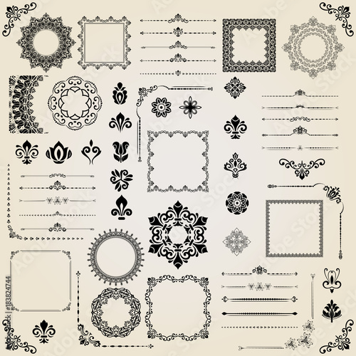 Vintage set of horizontal, square and round elements. Different elements for decoration design, frames, cards, menus, backgrounds and monograms. Classic patterns. Set of vintage patterns