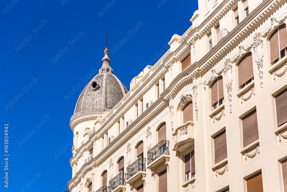 View of city buildings against the blue sky, Madrid, Spain. Copy space for text.