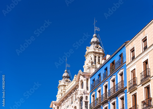 View of city buildings against the blue sky, Madrid, Spain. Copy space for text.