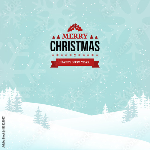 Merry Christmas and Happy New Year vintage badge on the landscape background. Holiday winter background with falling snow. Shining landscape background with trees and snowflakes. Vector Illustration.