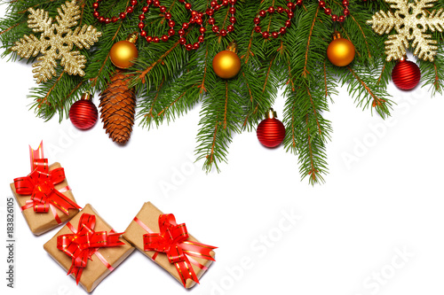 Christmas background. Top view with copy space. fir tree with cone isolated on white background