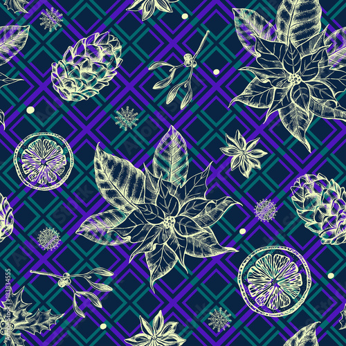Seamless decorative pattern with Christmas and New Year's attributes -  Christmas star flower, mistletoe, cones, holly berry. Hand drawn winter holidays elements. Perfect for design wrapping paper.
