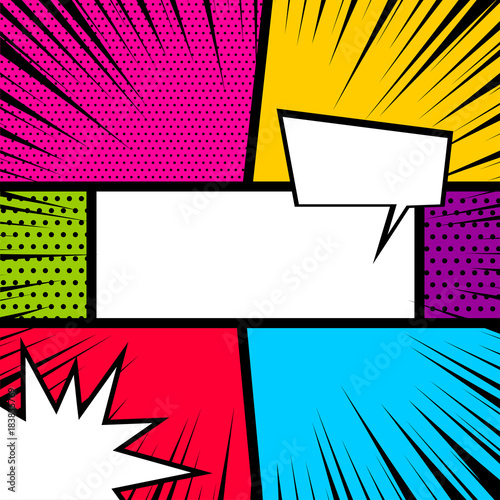 Vector colored halftone illustration. Blank humor graphic. Pop art comics book magazine cover template. Cartoon funny vintage strip comic superhero, text speech bubble balloon, box message, burst.