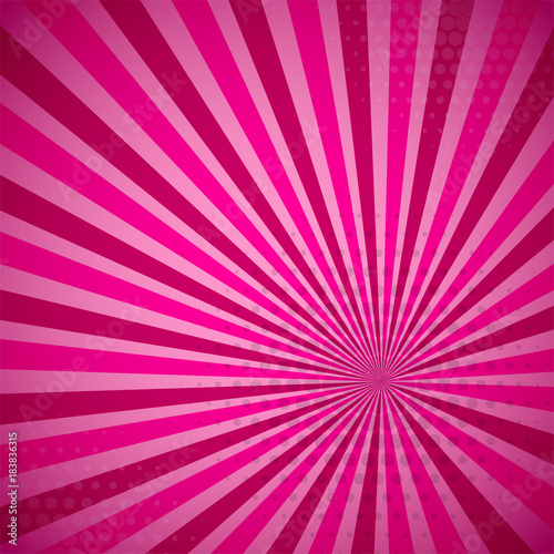 Pink summer colored Pop-Art style blue comics book background, Lichtenstein popart. Pop art comic strip backdrop sunlight, sun ray space. Funny halftone dotted template. Vector illustration.