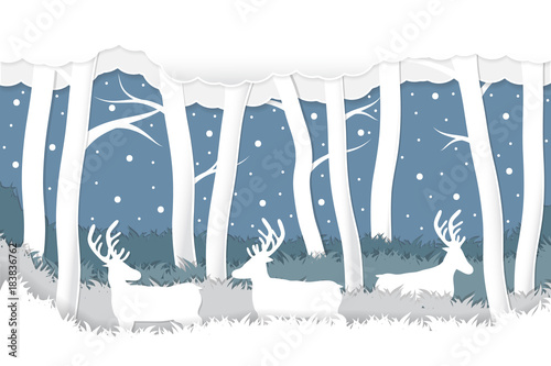 Paper cut deer in forest on snow winter background.