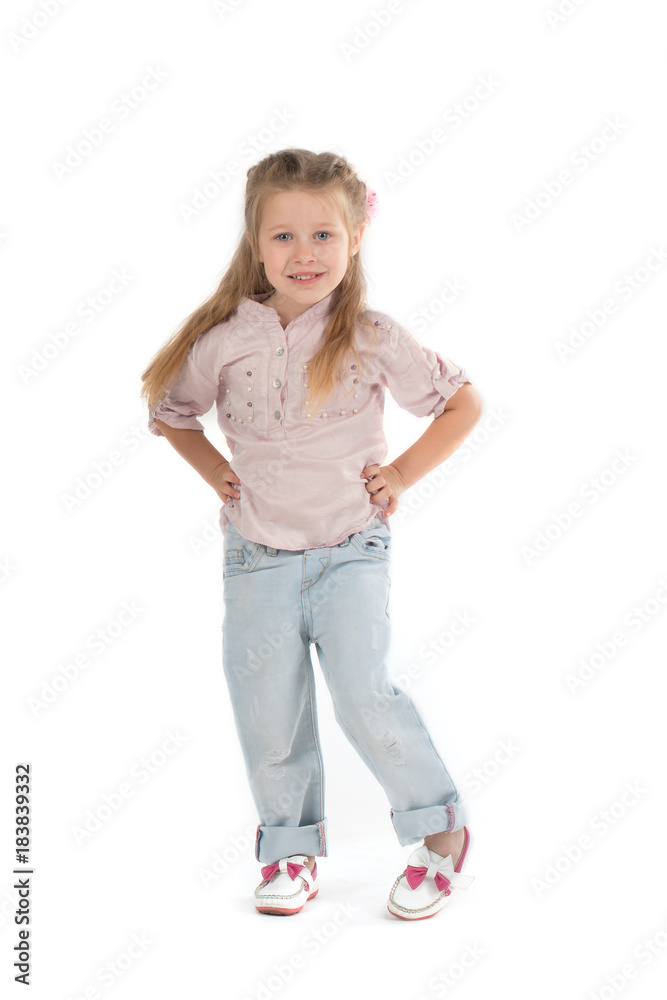 the girl the blonde in a shirt and jeans on wite background the girl the blonde in a shirt and jeans on wite background