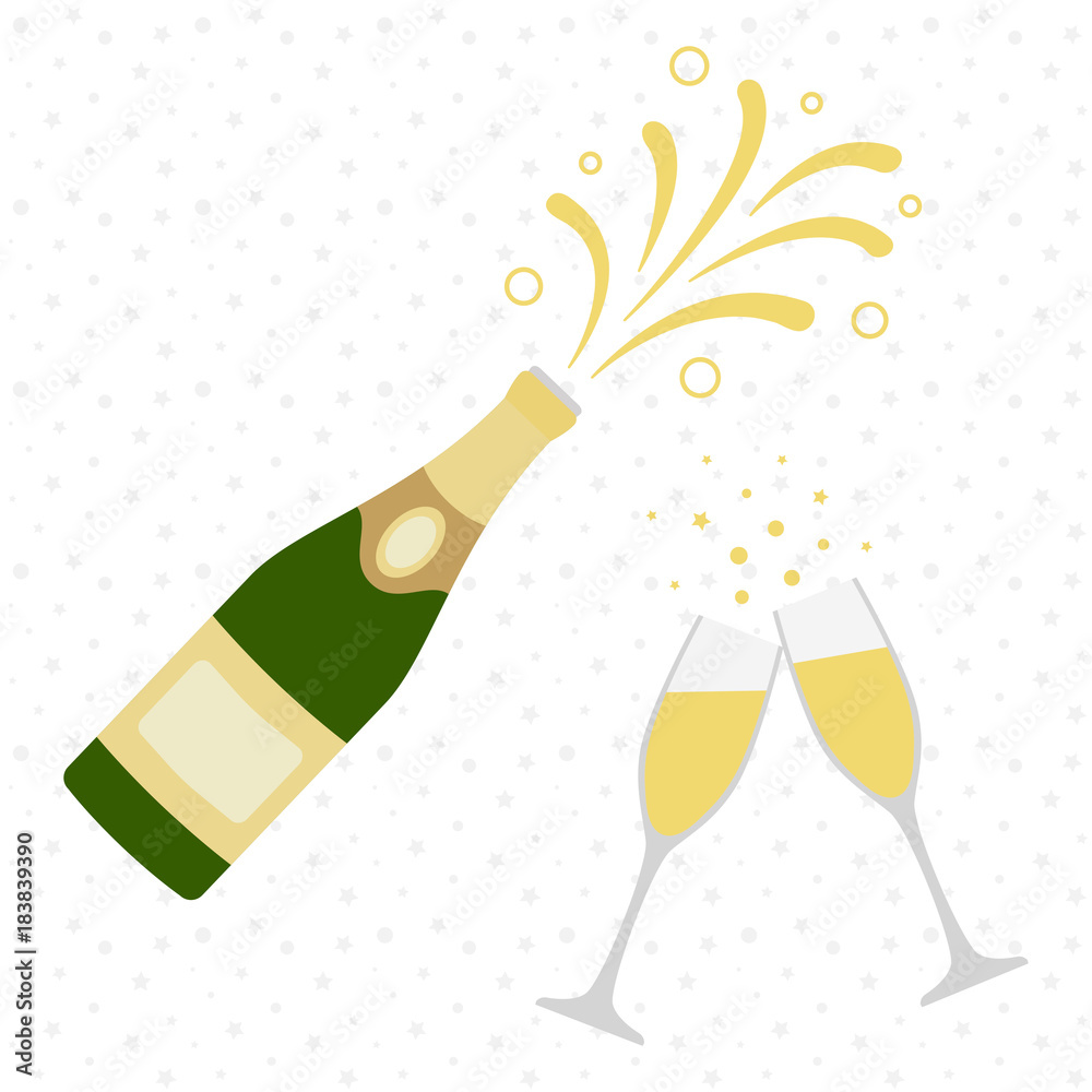 Two champagne glasses with champagne bottle explosion. Cheers. Celebration. Holiday toast.