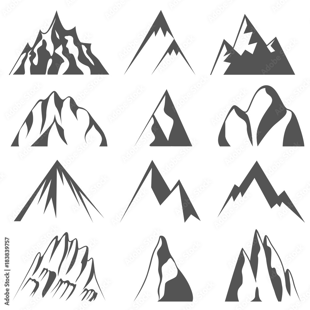 Set of mountains shapes silhouettes isolated on white background. Travel and camping icons for tourism organizations, outdoor events and mountains leisure. Set of mountains shapes silhouettes isolated on white background. Travel and camping icons for tourism organizations, outdoor events and mountains leisure.
