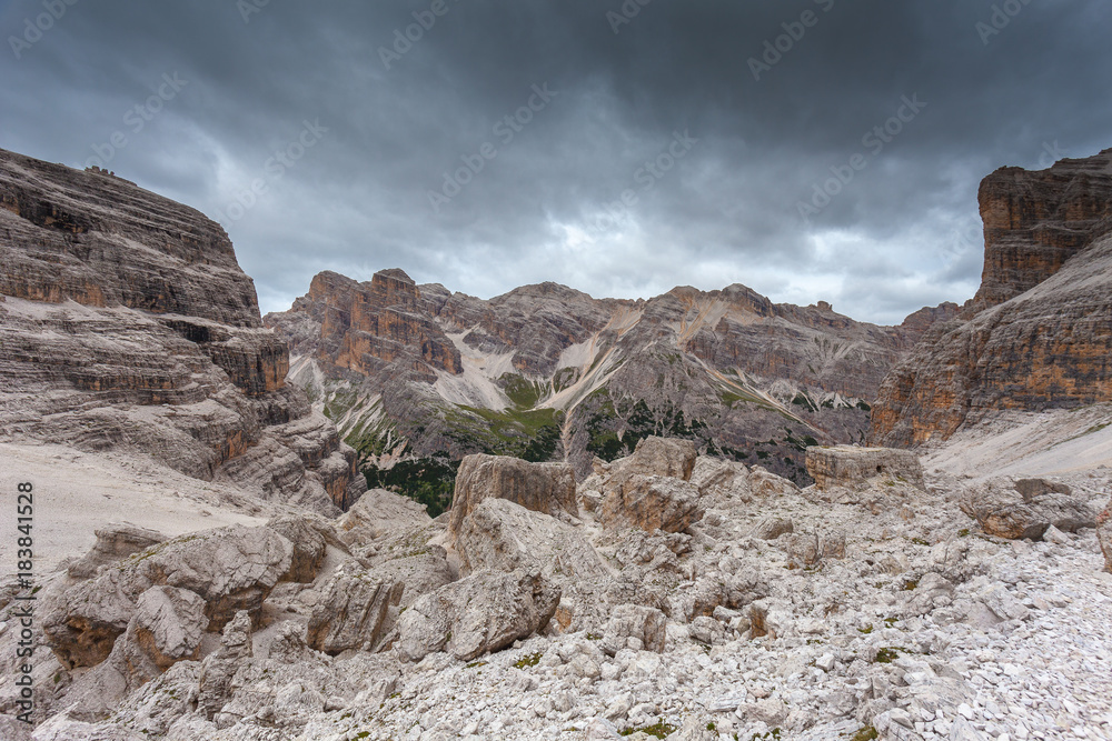 Fototapeta premium Giant boulders expanse named Masarè, in front of Travenanzes Valley. The boulders was transported by ancient glacier and was theater of fierce fighting in 1915 - 16. Dolomites, Italy