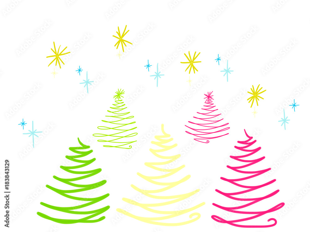 Colorful drawn bright abstract set of Christmas trees with decorative balls for greeting card or advertisement on white background, isolated cartoon doodle painted illustration, high quality