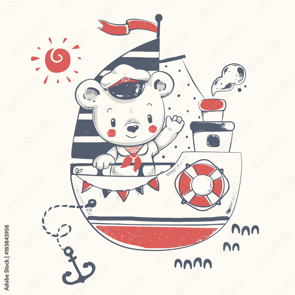 Naklejka premium Cute baby bear sailor on the ship cartoon hand drawn vector illustration. Can be used for baby t-shirt print, fashion print design, kids wear, baby shower celebration, greeting and invitation card.