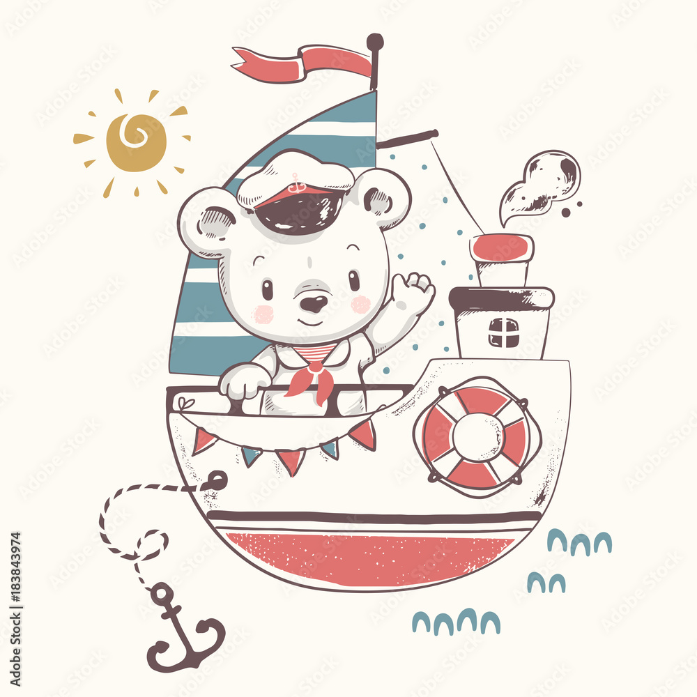 Obraz premium Cute baby bear sailor on the ship cartoon hand drawn vector illustration. Can be used for baby t-shirt print, fashion print design, kids wear, baby shower celebration, greeting and invitation card.