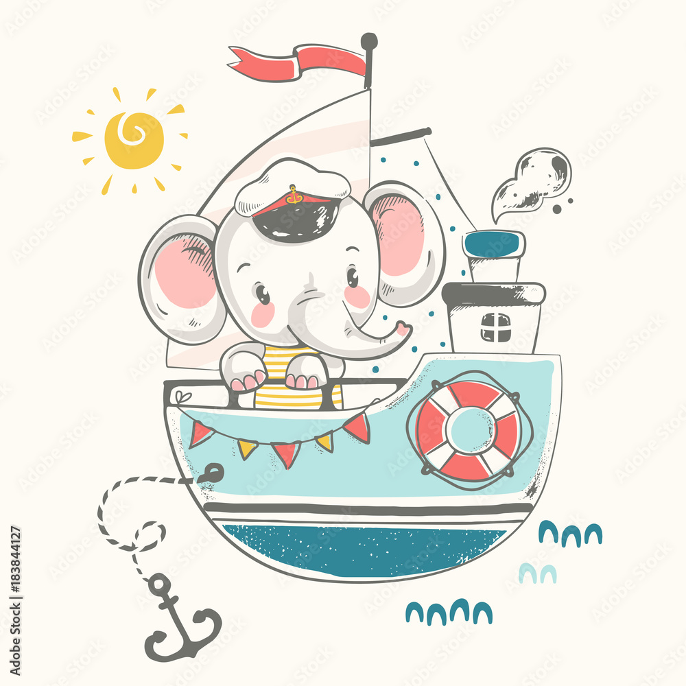Fototapeta premium Cute baby elephant sailor on the ship cartoon hand drawn vector illustration. Can be used for baby t-shirt print, fashion print design, kids wear, baby shower celebration greeting and invitation card.