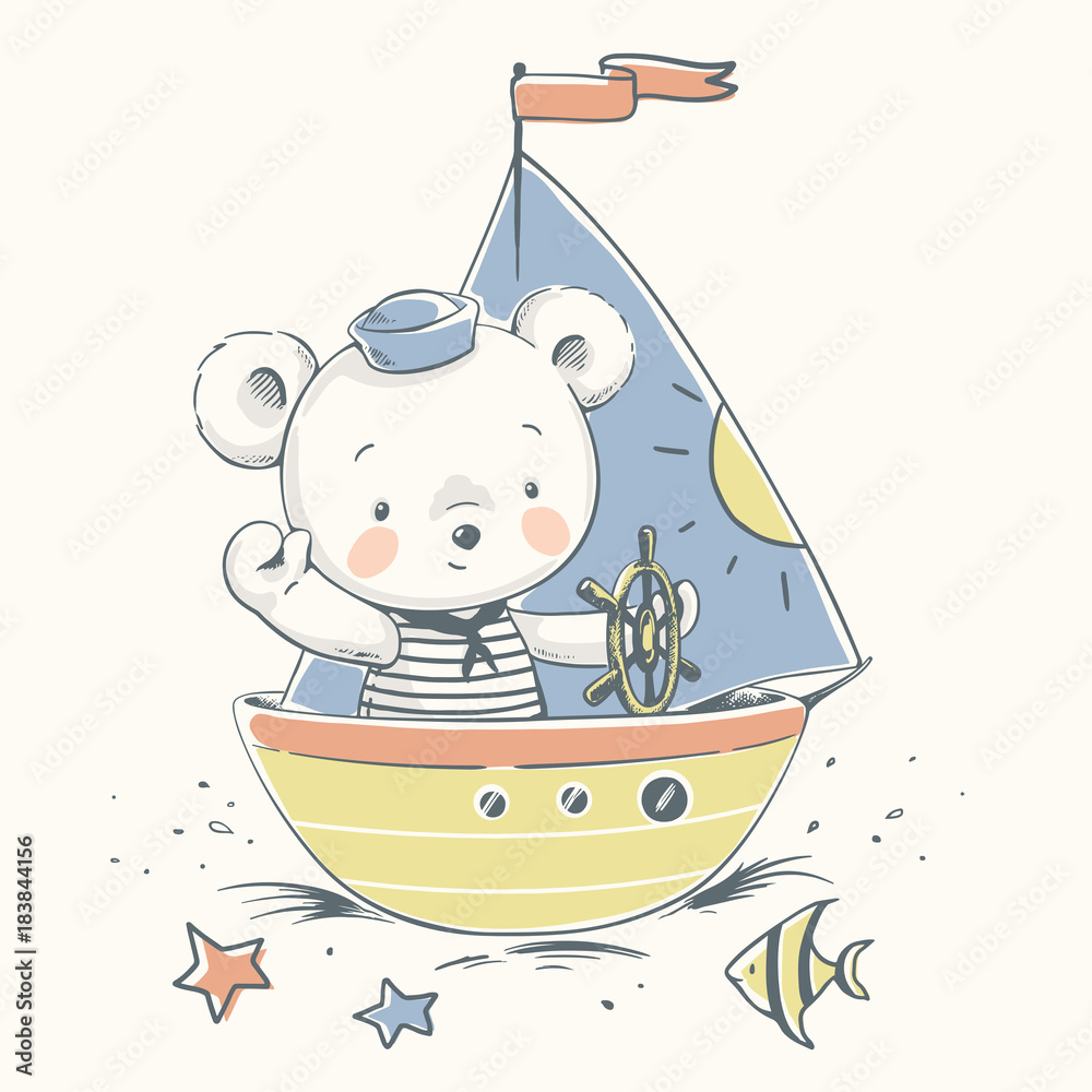 Obraz premium Cute baby bear sailor on a boat cartoon hand drawn vector illustration. Can be used for baby t-shirt print, fashion print design, kids wear, baby shower celebration, greeting and invitation card.