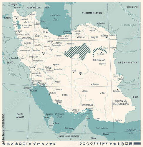 Iran Map - Vintage Detailed Vector Illustration