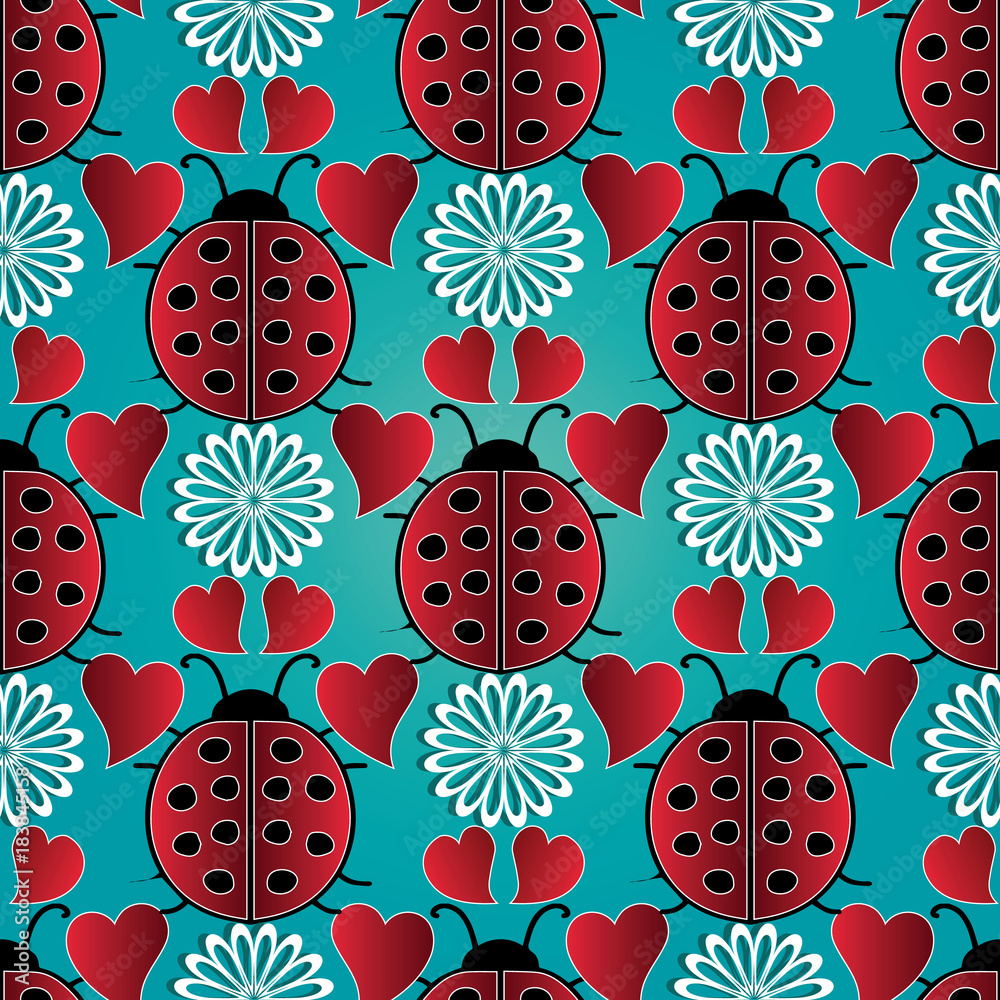 Vector ladybugs seamless pattern. Floral blue background with red black ...