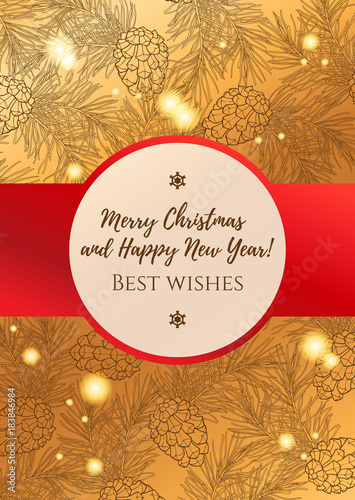 Template of holiday greeting card with golden pine lace and red ribbon