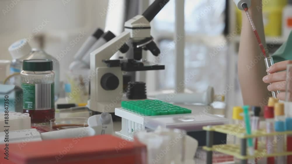 A scientist looks at a sample of a chemical in a laboratory. Woman in the chemical laboratory A scientist looks at a sample of a chemical in a laboratory. Woman in the chemical laboratory