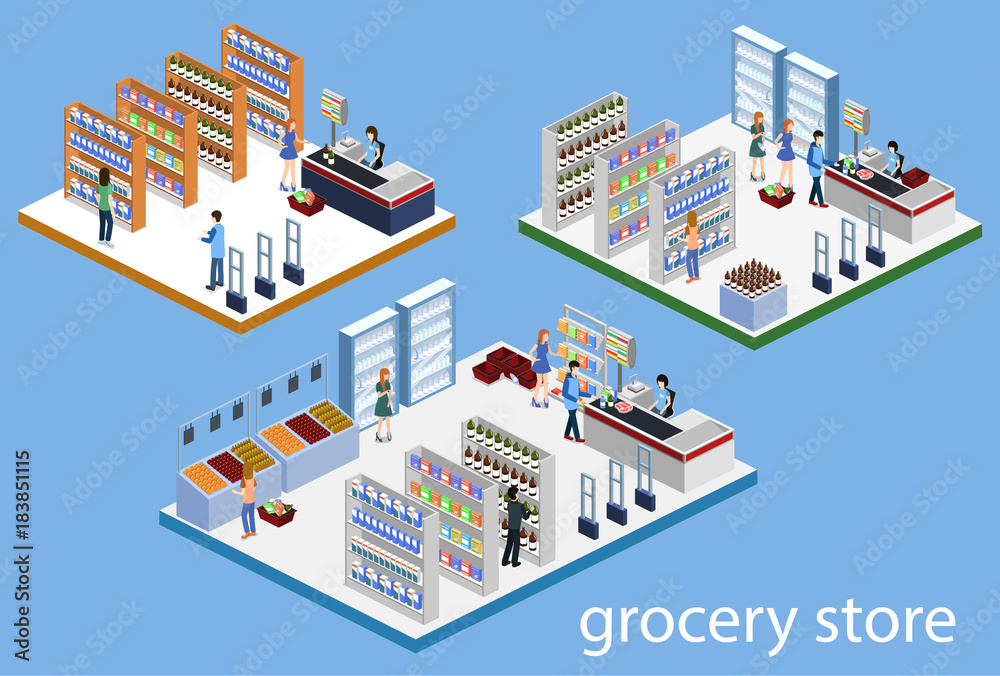 Isometric 3D vector illustration set of a grocery store with buyers and cashier