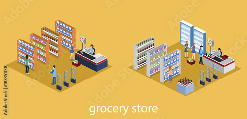 Isometric 3D vector illustration set of a grocery store with buyers and cashier