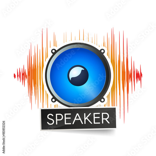 Blue speaker and orange waveforms on white background logo. Logotype of radio stations or apps vector illustration