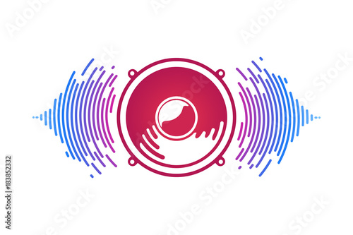 Red speaker and sound waves isolated vector illustration. Logo of vox power photo