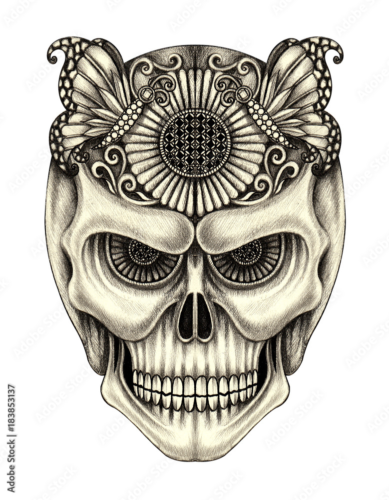 Naklejka premium Art surreal skull .Hand pencil drawing on paper.