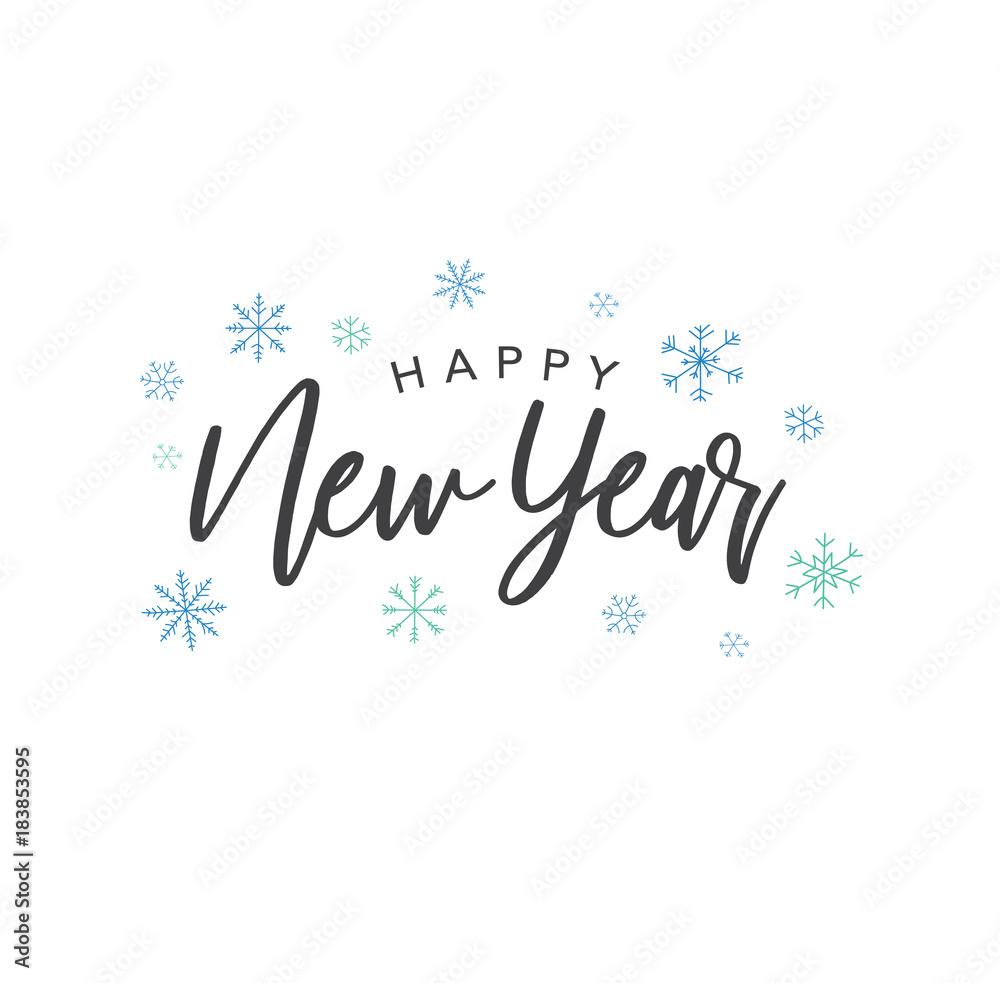 Happy New Year Calligraphy Vector Text With Colorful Hand Drawn Snowflakes Over White Background