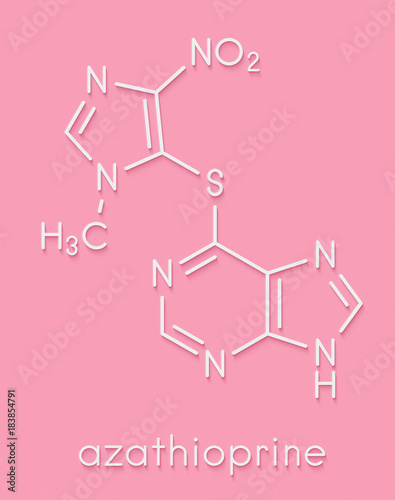 Azathioprine immunosuppressive drug molecule. Used to prevent transplant rejection and in treatment of autoimmune disease. Skeletal formula. photo