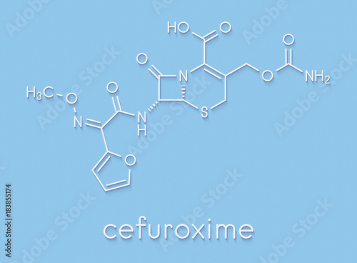 Cefuroxime second generation cephalosporin antibiotic molecule. Skeletal formula. photo