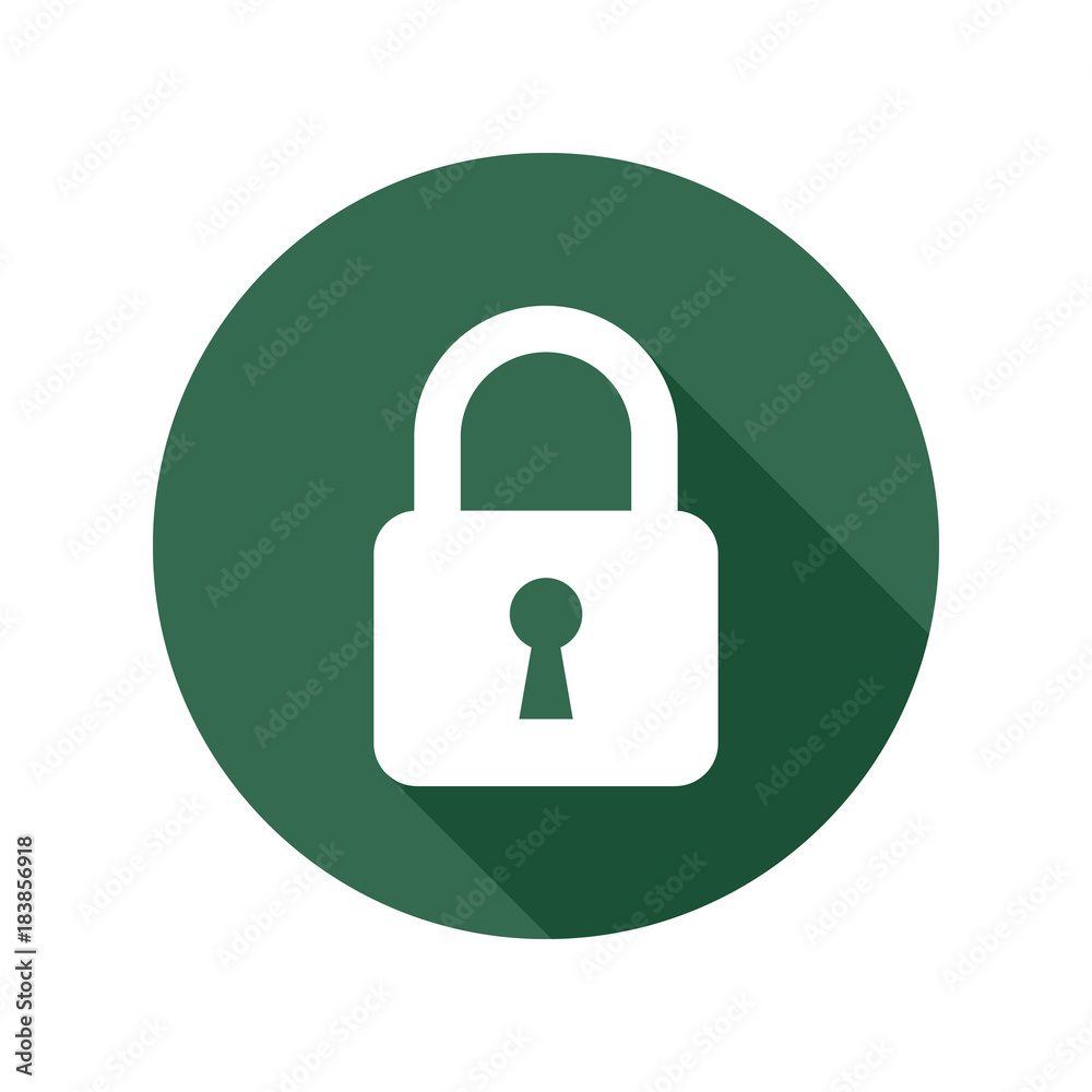 Lock icon with long shadow, white isolated on green background, vector illustration. Lock icon with long shadow, white isolated on green background, vector illustration.