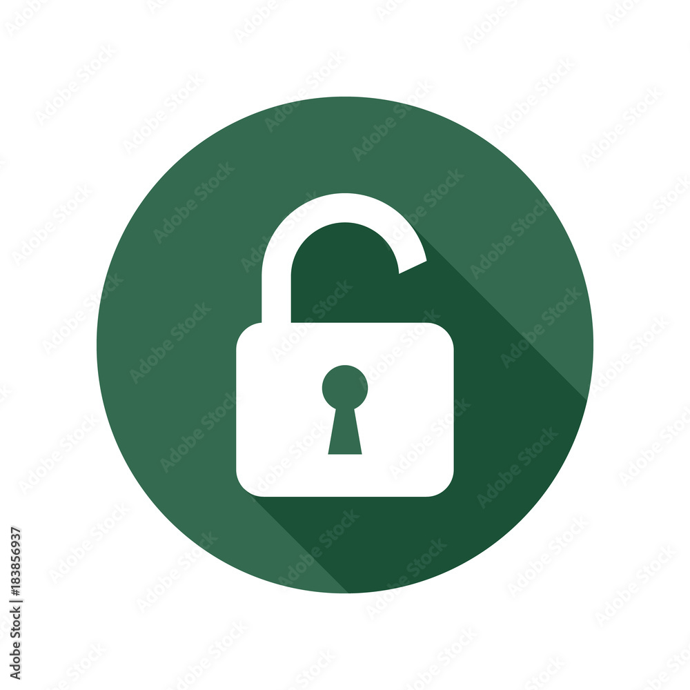 Lock icon with long shadow, white isolated on green background, vector illustration. Lock icon with long shadow, white isolated on green background, vector illustration.