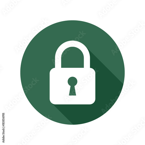 Lock icon with long shadow, white isolated on green background, vector illustration.