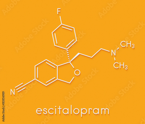 Escitalopram antidepressant drug (SSRI class) molecule. Skeletal formula. photo