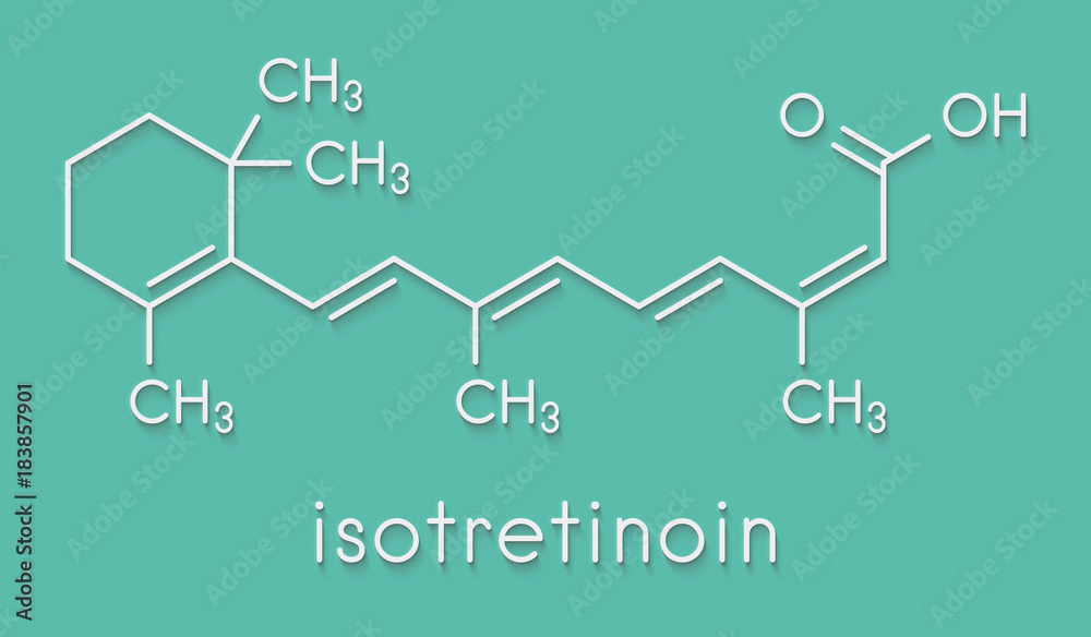 Isotretinoin acne treatment drug molecule. Known to be a teratogen (causes birth defects). Skeletal formula. Isotretinoin acne treatment drug molecule. Known to be a teratogen (causes birth defects). Skeletal formula.