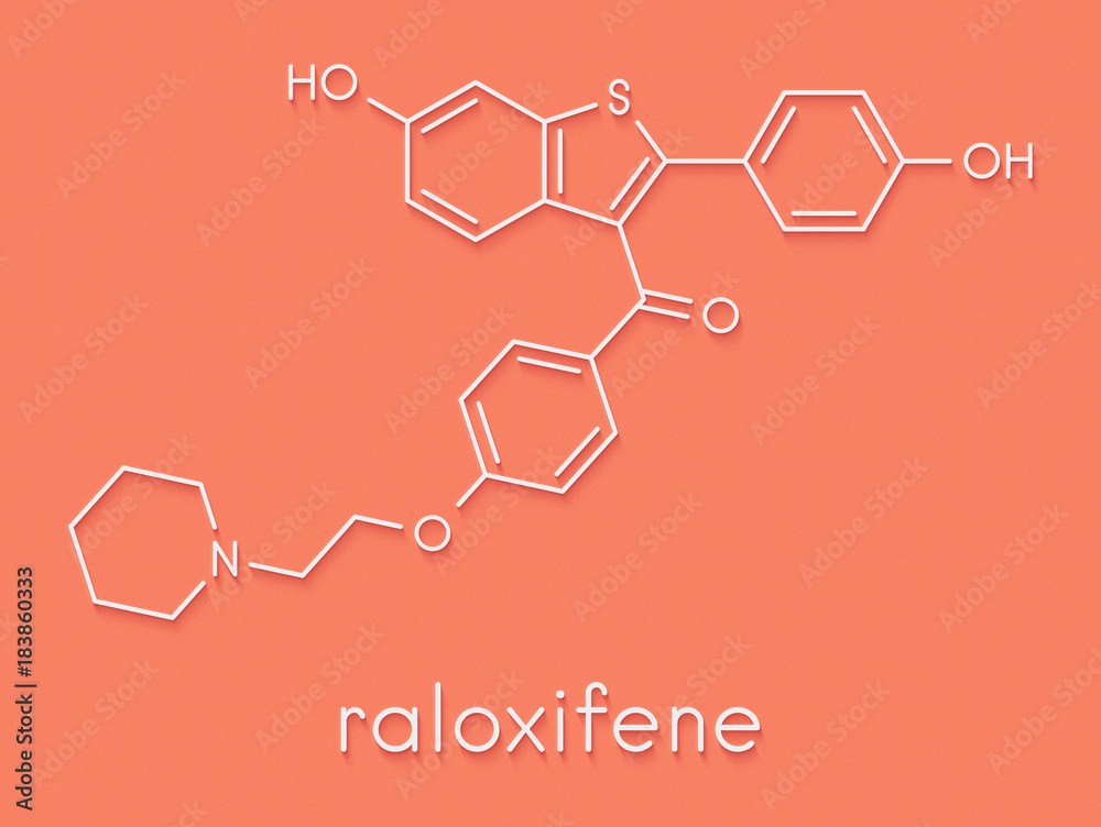 Raloxifene osteoporosis drug molecule. Used in treatment and prevention of osteoporosis in postmenopausal women. Also used to reduce risk of breast cancer in postmenopausal women. Skeletal formula. Raloxifene osteoporosis drug molecule. Used in treatment and prevention of osteoporosis in postmenopausal women. Also used to reduce risk of breast cancer in postmenopausal women. Skeletal formula.