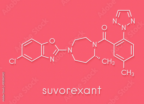 Suvorexant insomnia drug (sleeping pill) molecule. Dual orexin receptor antagonist (DORA) Skeletal formula.