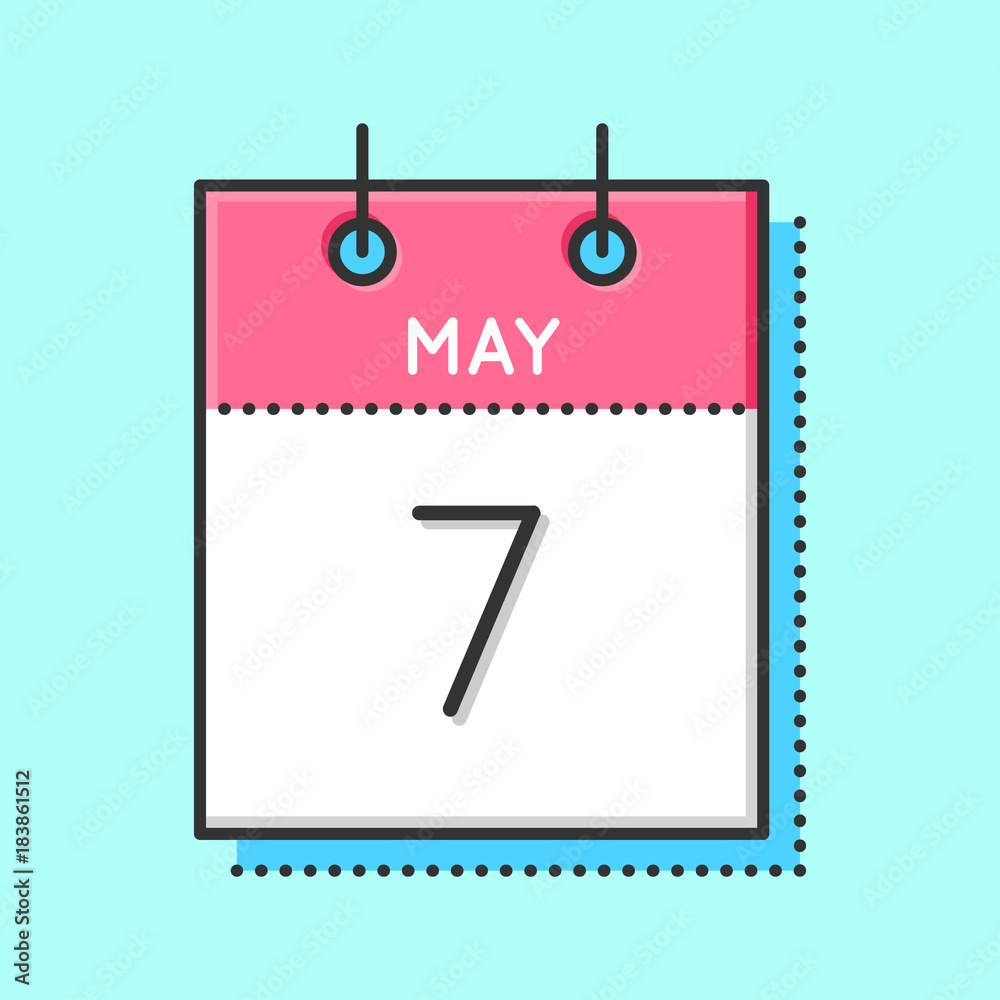 May Calendar Icon. Flat and thin line vector illustration. Spring calendar sheet on light blue background. May 7th. May Calendar Icon. Flat and thin line vector illustration. Spring calendar sheet on light blue background. May 7th.