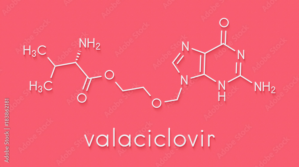 Valaciclovir (valacyclovir) herpes infection drug molecule. Skeletal