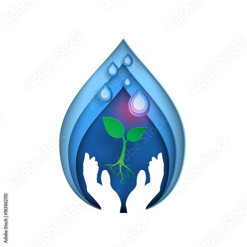 Save water concept with ecological in water drop shape paper art style.Hands holding seedling receive water drop vector illustration.
