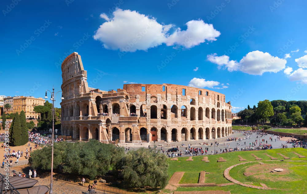 Rome, Italy. View of Colosseum from the Palatine Hill on a sunny day