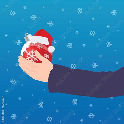 christmas ball in hand illustration with snow