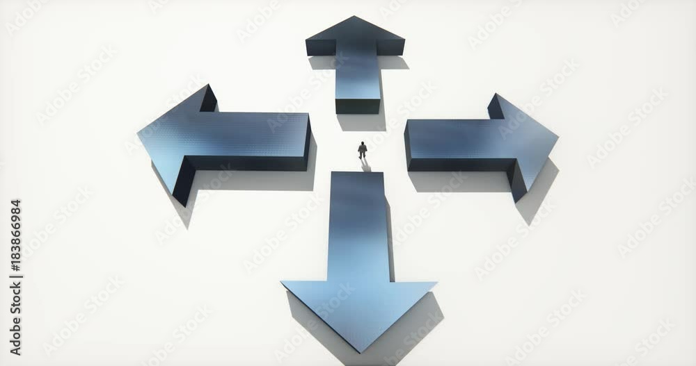 4k business people standing on the center of four arrow,Choose direction. 4k business people standing on the center of four arrow,Choose direction.