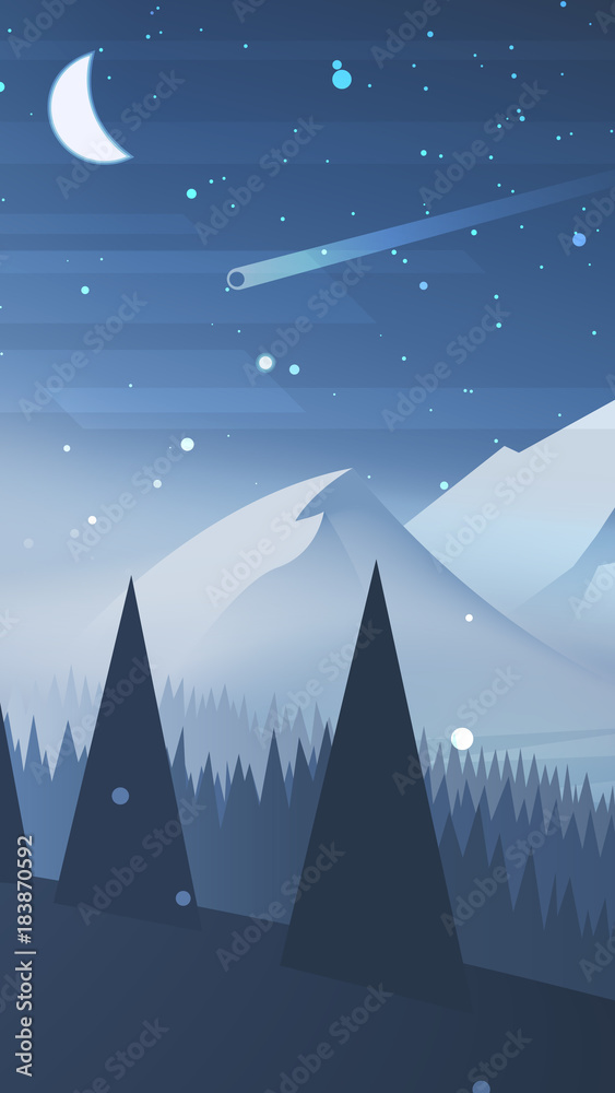 Obraz premium Winter landscape with mountains at night. Vector illustration