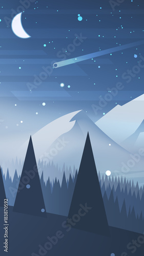 Winter landscape with mountains at night. Vector illustration