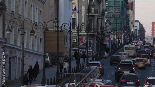 Evening Vladivostok on the eve of New Year's holidays. Central Street of Vladivostok. VLADIVOSTOK, DECEMBER. 2018 photo